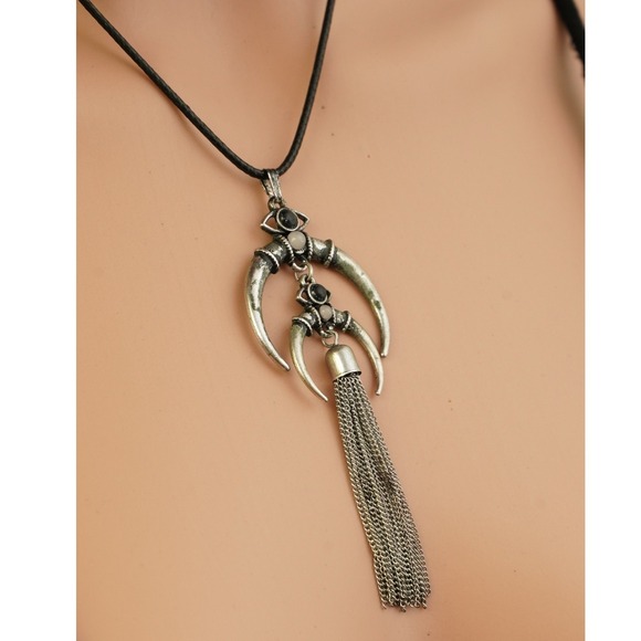 Boho Double Crescent Moon Horn Tassel Necklace Antique Silver Black Cord Gothic - Picture 4 of 5